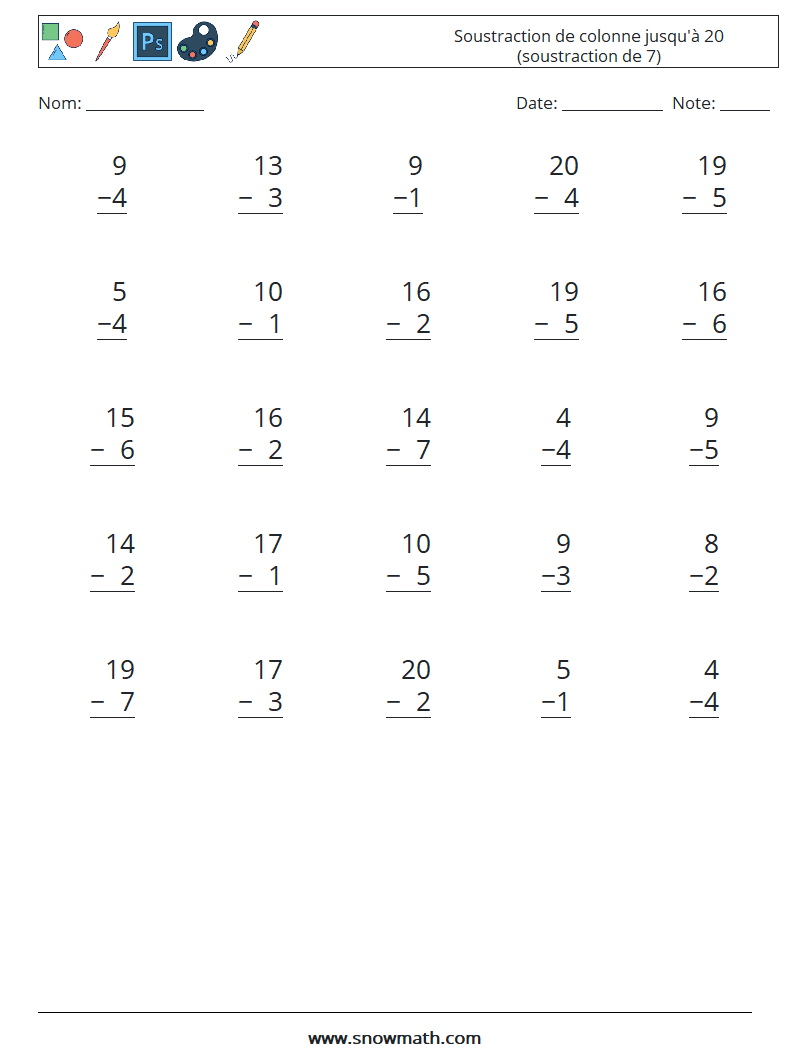 (25) Soustraction de colonne jusqu'à 20 (soustraction de 7) Fiches d'Exercices de Mathématiques 8