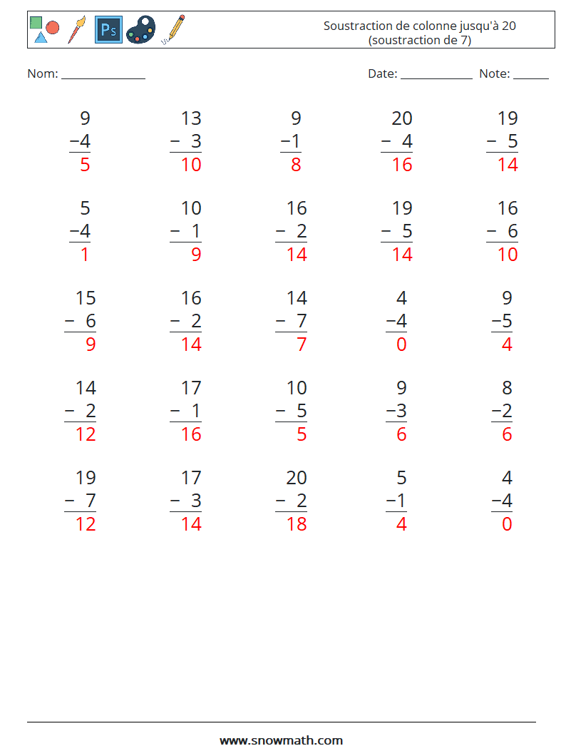 (25) Soustraction de colonne jusqu'à 20 (soustraction de 7) Fiches d'Exercices de Mathématiques 8 Question, Réponse