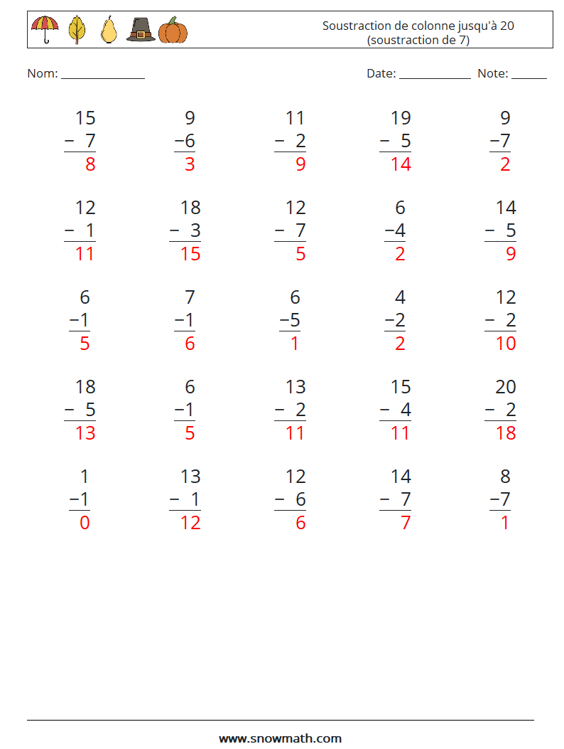 (25) Soustraction de colonne jusqu'à 20 (soustraction de 7) Fiches d'Exercices de Mathématiques 9 Question, Réponse