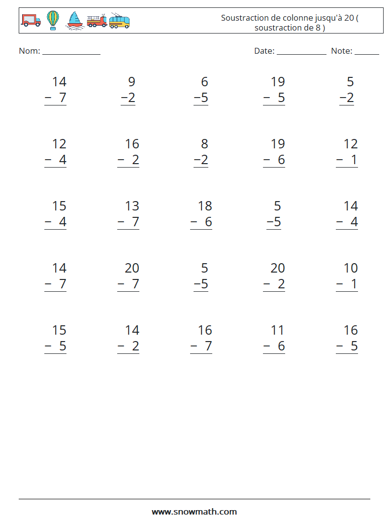 (25) Soustraction de colonne jusqu'à 20 ( soustraction de 8 ) Fiches d'Exercices de Mathématiques 10