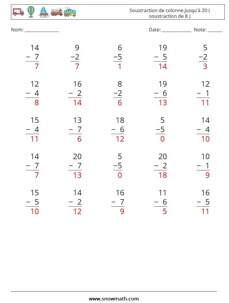 (25) Soustraction de colonne jusqu'à 20 ( soustraction de 8 ) Fiches d'Exercices de Mathématiques 10 Question, Réponse