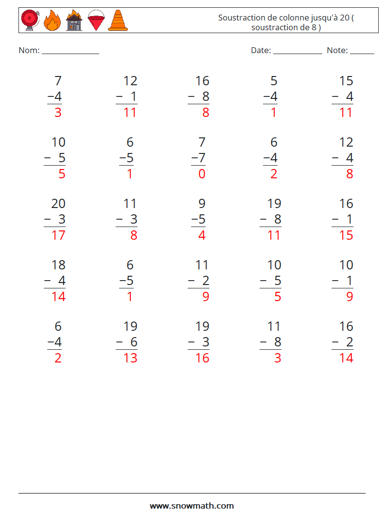 (25) Soustraction de colonne jusqu'à 20 ( soustraction de 8 ) Fiches d'Exercices de Mathématiques 12 Question, Réponse