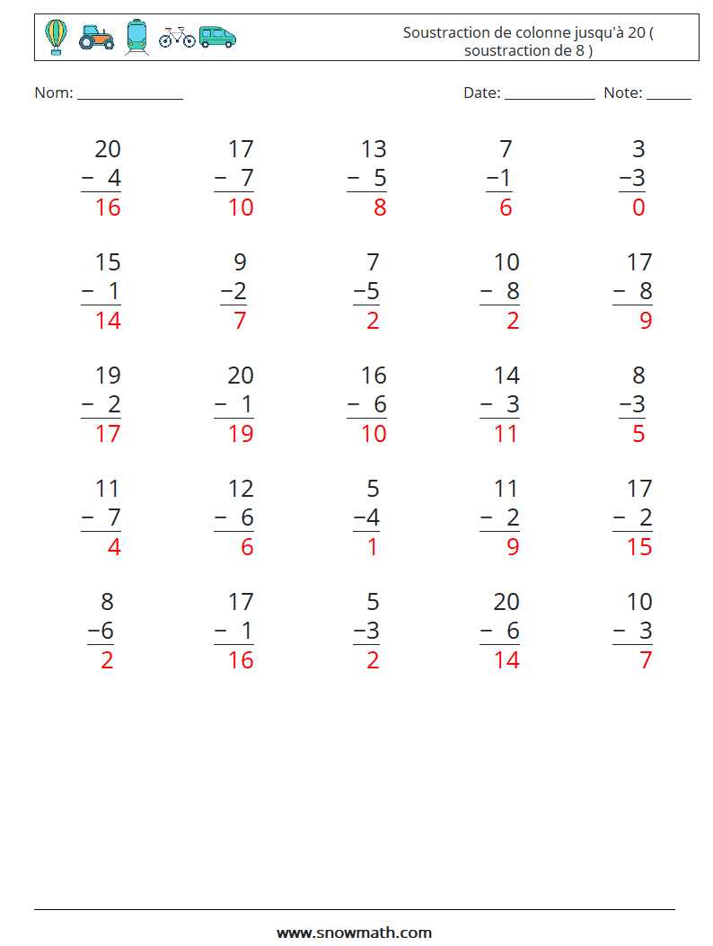 (25) Soustraction de colonne jusqu'à 20 ( soustraction de 8 ) Fiches d'Exercices de Mathématiques 13 Question, Réponse