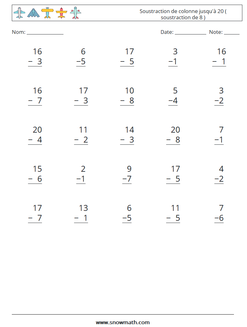 (25) Soustraction de colonne jusqu'à 20 ( soustraction de 8 ) Fiches d'Exercices de Mathématiques 14