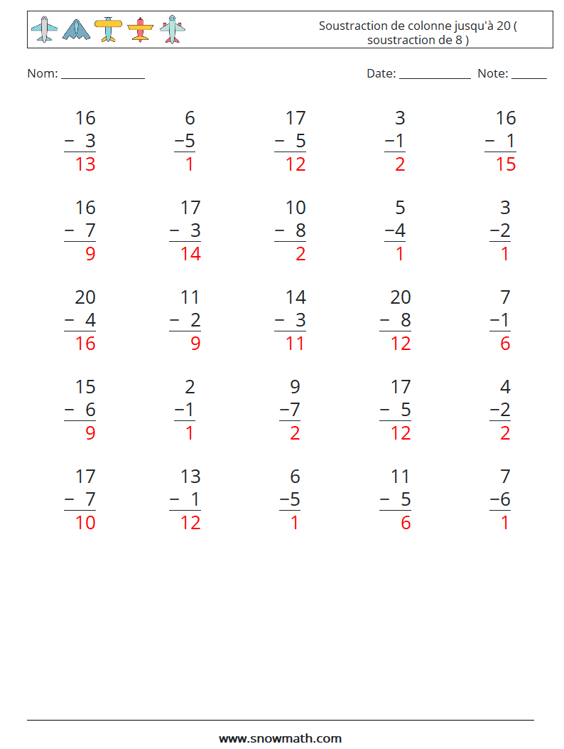 (25) Soustraction de colonne jusqu'à 20 ( soustraction de 8 ) Fiches d'Exercices de Mathématiques 14 Question, Réponse