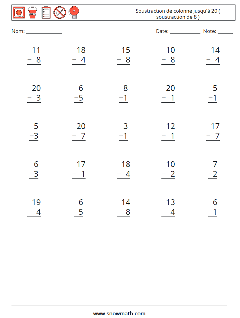 (25) Soustraction de colonne jusqu'à 20 ( soustraction de 8 ) Fiches d'Exercices de Mathématiques 15