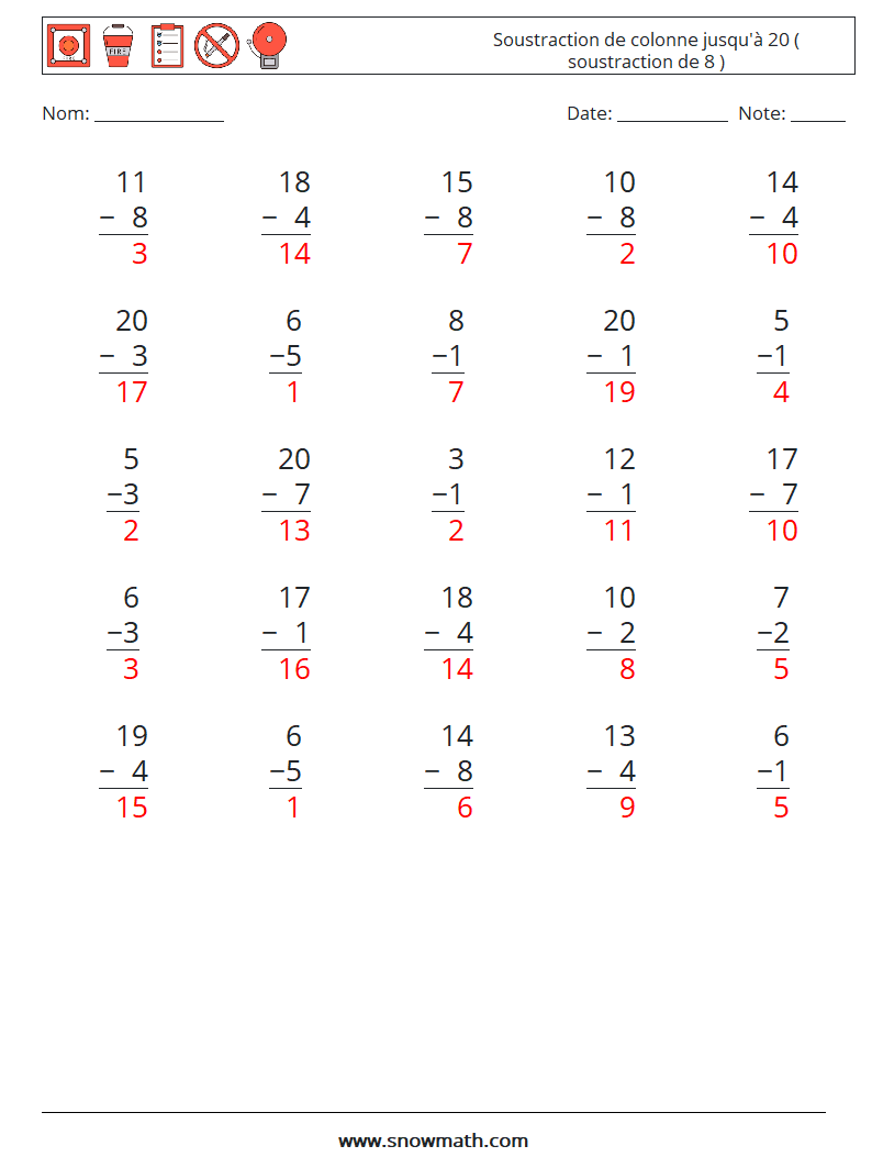 (25) Soustraction de colonne jusqu'à 20 ( soustraction de 8 ) Fiches d'Exercices de Mathématiques 15 Question, Réponse