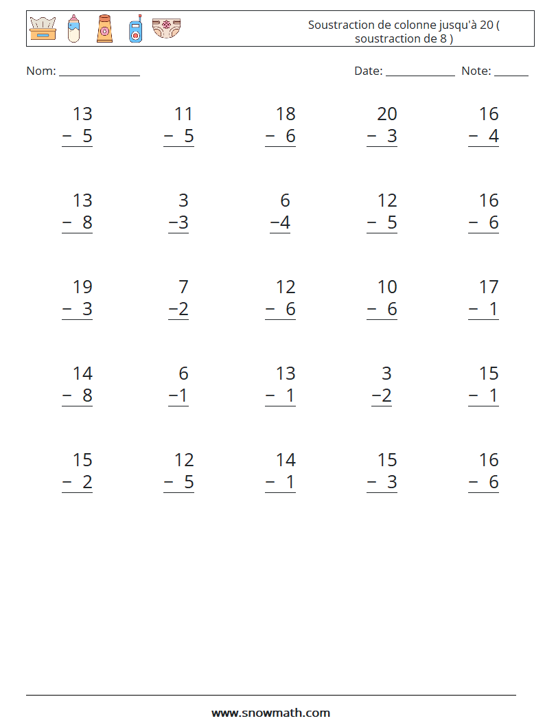 (25) Soustraction de colonne jusqu'à 20 ( soustraction de 8 ) Fiches d'Exercices de Mathématiques 16