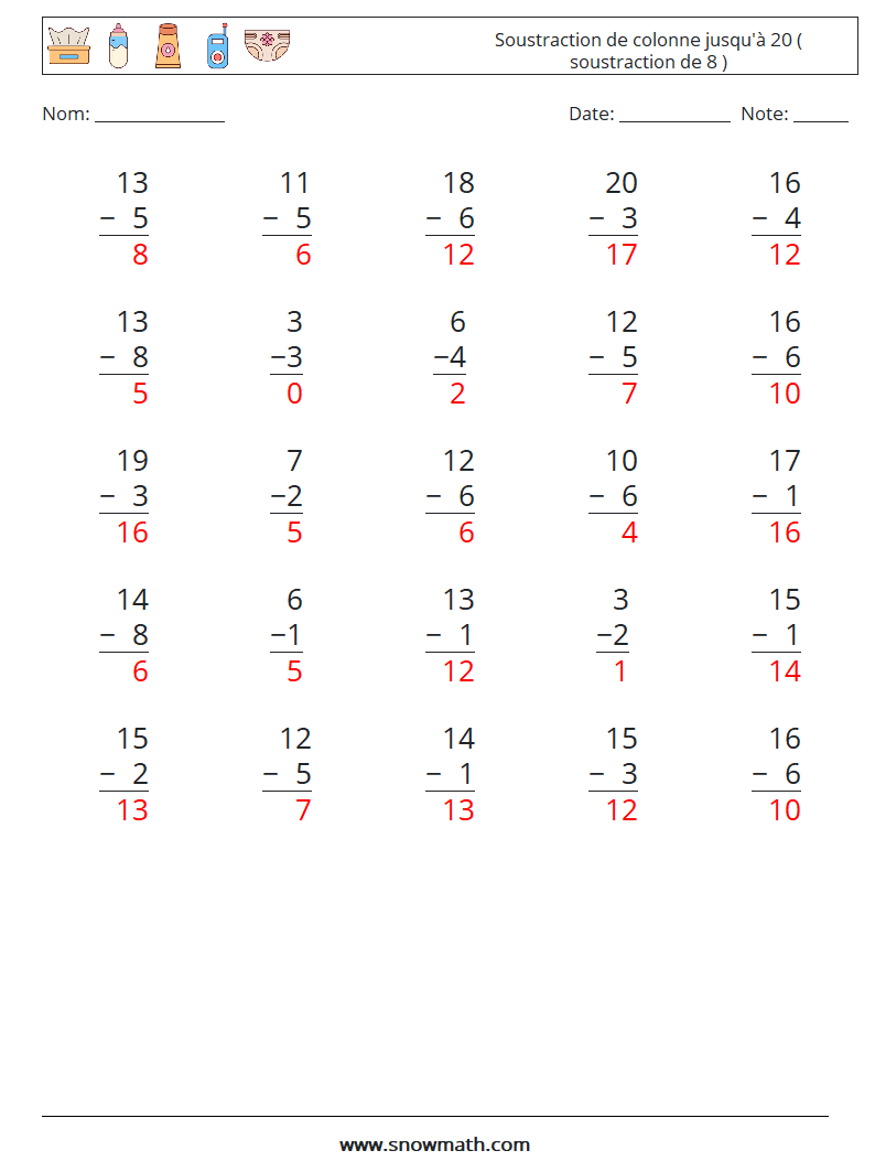 (25) Soustraction de colonne jusqu'à 20 ( soustraction de 8 ) Fiches d'Exercices de Mathématiques 16 Question, Réponse