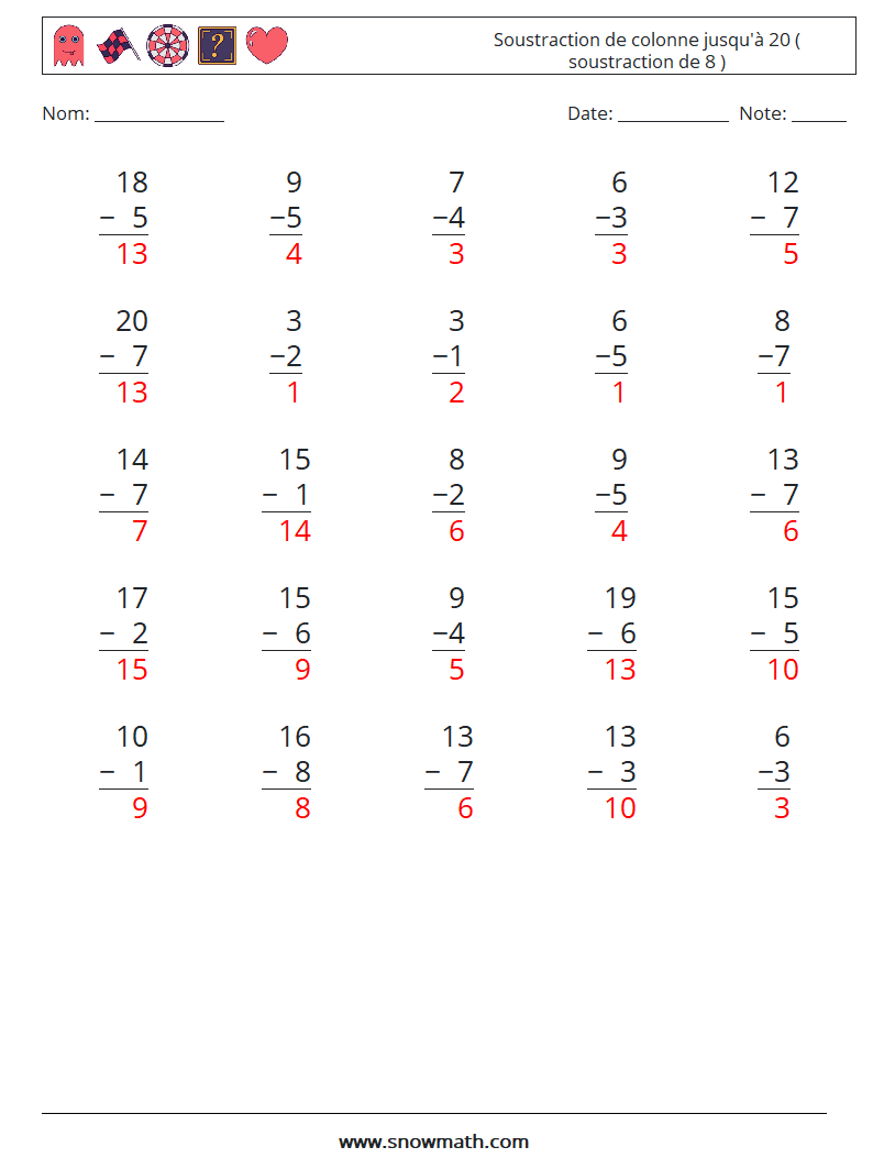 (25) Soustraction de colonne jusqu'à 20 ( soustraction de 8 ) Fiches d'Exercices de Mathématiques 17 Question, Réponse