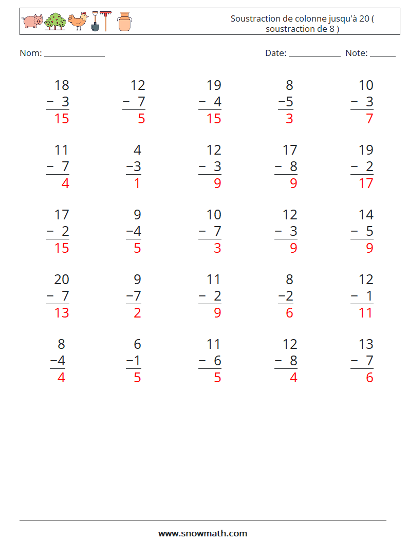 (25) Soustraction de colonne jusqu'à 20 ( soustraction de 8 ) Fiches d'Exercices de Mathématiques 1 Question, Réponse