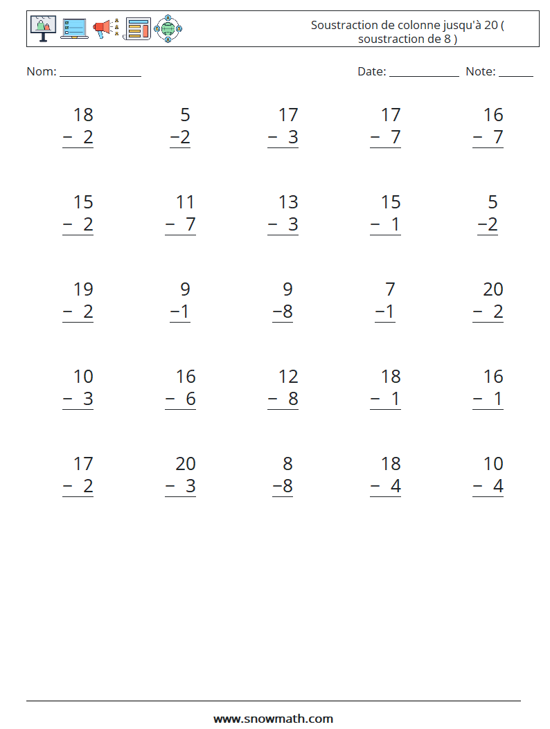 (25) Soustraction de colonne jusqu'à 20 ( soustraction de 8 ) Fiches d'Exercices de Mathématiques 2