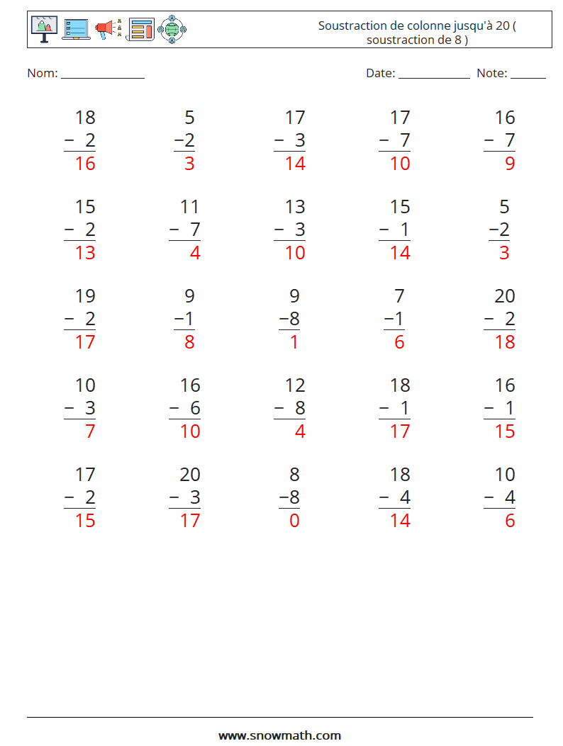 (25) Soustraction de colonne jusqu'à 20 ( soustraction de 8 ) Fiches d'Exercices de Mathématiques 2 Question, Réponse