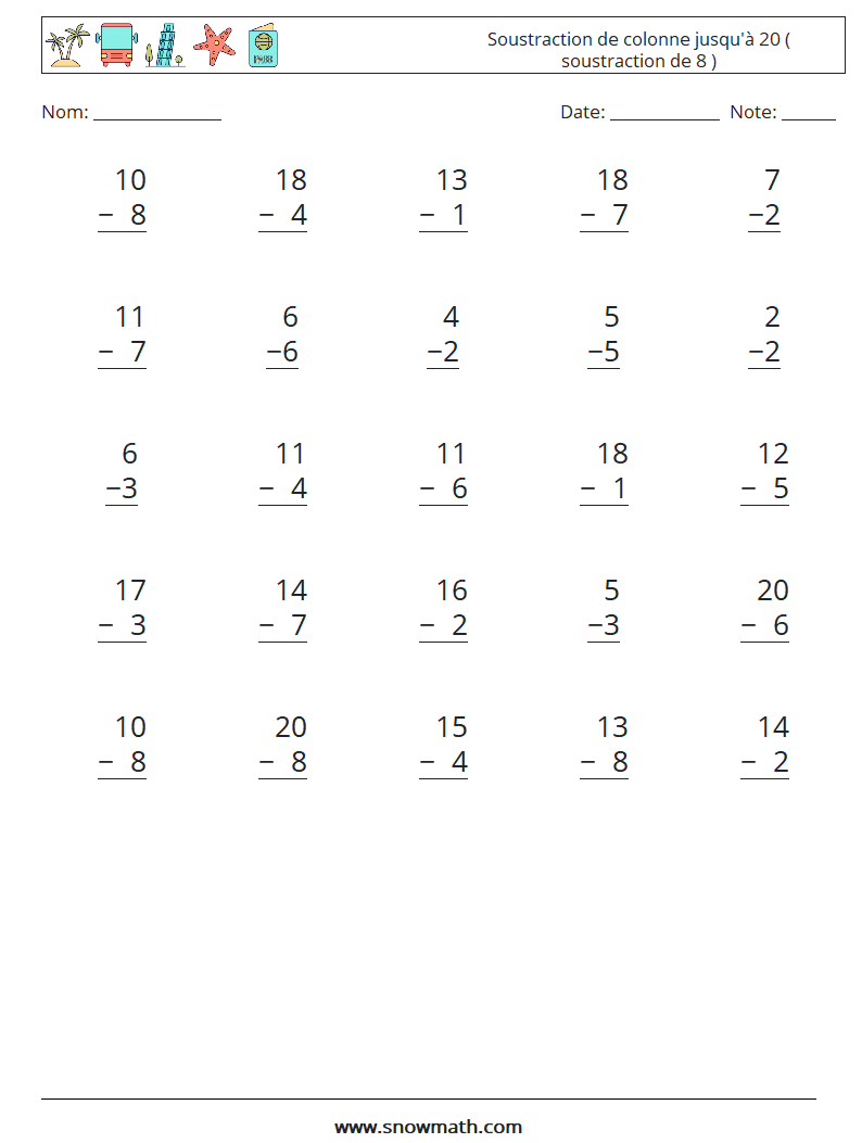 (25) Soustraction de colonne jusqu'à 20 ( soustraction de 8 ) Fiches d'Exercices de Mathématiques 3