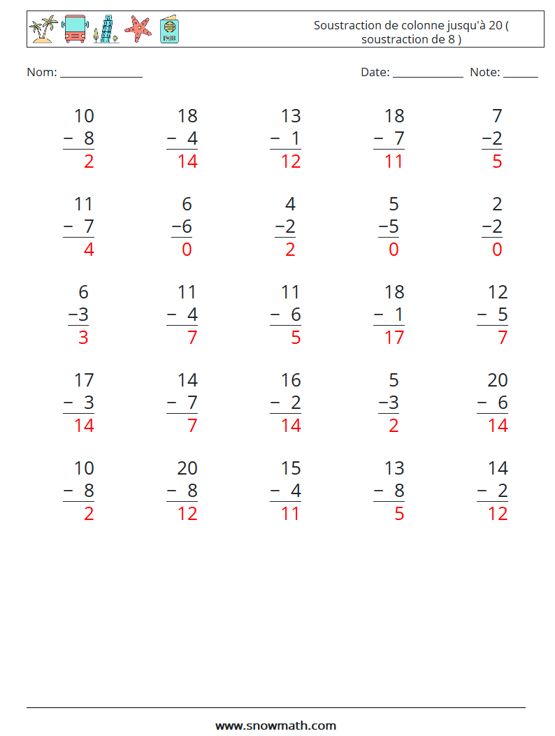 (25) Soustraction de colonne jusqu'à 20 ( soustraction de 8 ) Fiches d'Exercices de Mathématiques 3 Question, Réponse