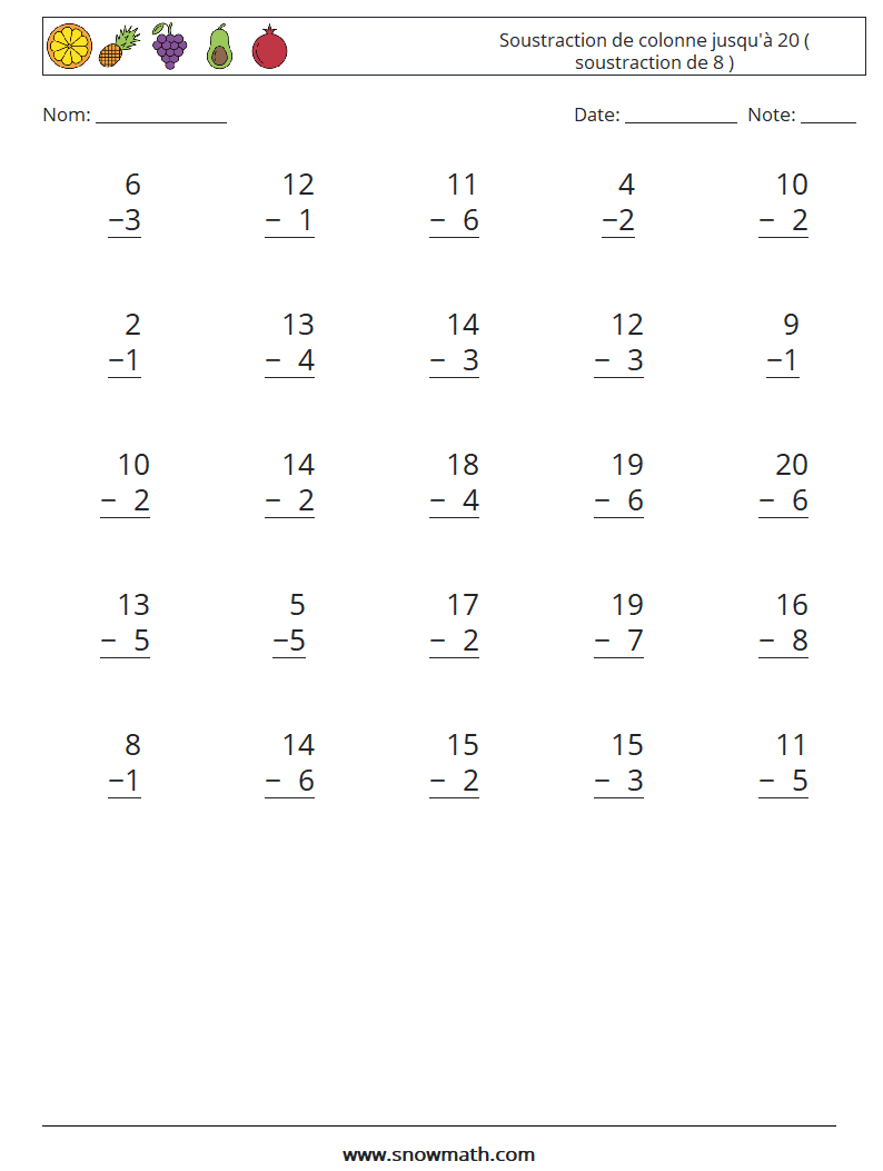 (25) Soustraction de colonne jusqu'à 20 ( soustraction de 8 ) Fiches d'Exercices de Mathématiques 4