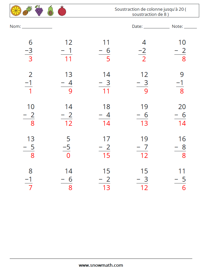 (25) Soustraction de colonne jusqu'à 20 ( soustraction de 8 ) Fiches d'Exercices de Mathématiques 4 Question, Réponse