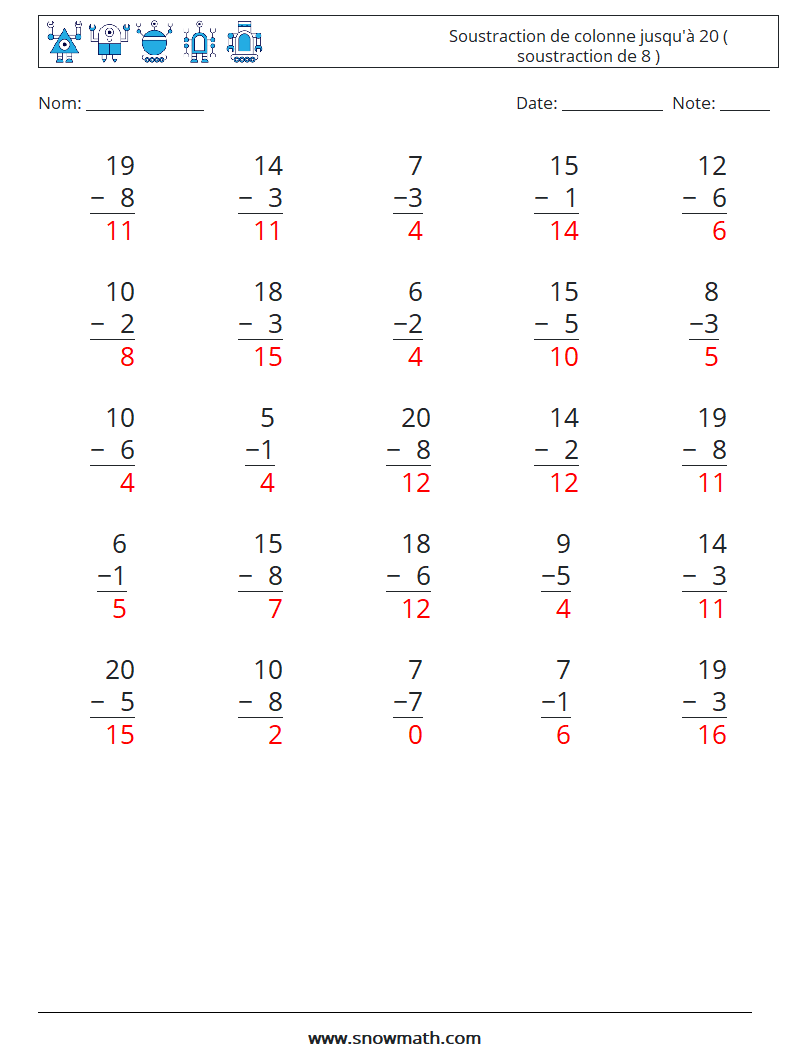 (25) Soustraction de colonne jusqu'à 20 ( soustraction de 8 ) Fiches d'Exercices de Mathématiques 5 Question, Réponse