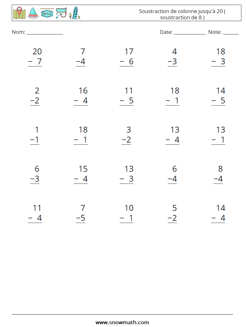 (25) Soustraction de colonne jusqu'à 20 ( soustraction de 8 ) Fiches d'Exercices de Mathématiques 6