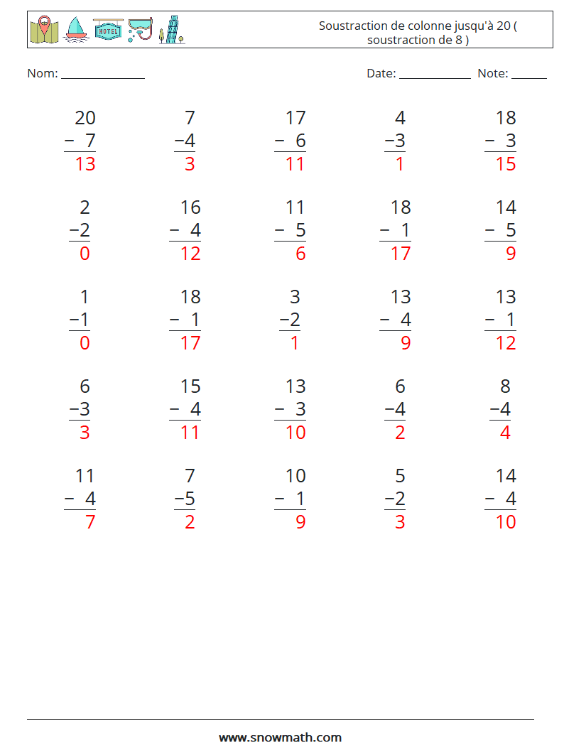 (25) Soustraction de colonne jusqu'à 20 ( soustraction de 8 ) Fiches d'Exercices de Mathématiques 6 Question, Réponse