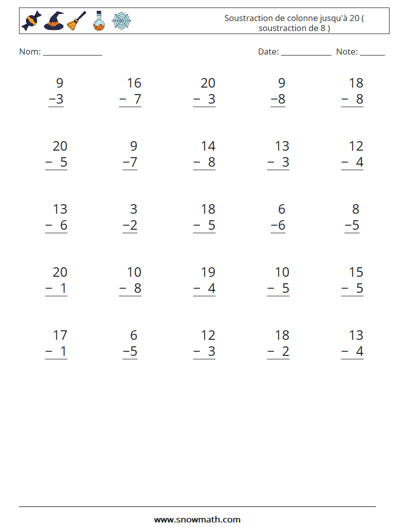 (25) Soustraction de colonne jusqu'à 20 ( soustraction de 8 ) Fiches d'Exercices de Mathématiques 7