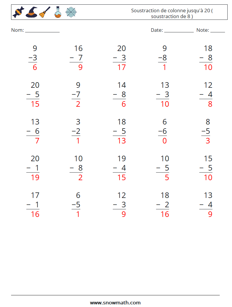 (25) Soustraction de colonne jusqu'à 20 ( soustraction de 8 ) Fiches d'Exercices de Mathématiques 7 Question, Réponse