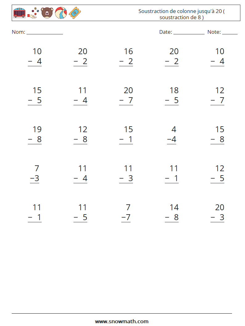 (25) Soustraction de colonne jusqu'à 20 ( soustraction de 8 ) Fiches d'Exercices de Mathématiques 8