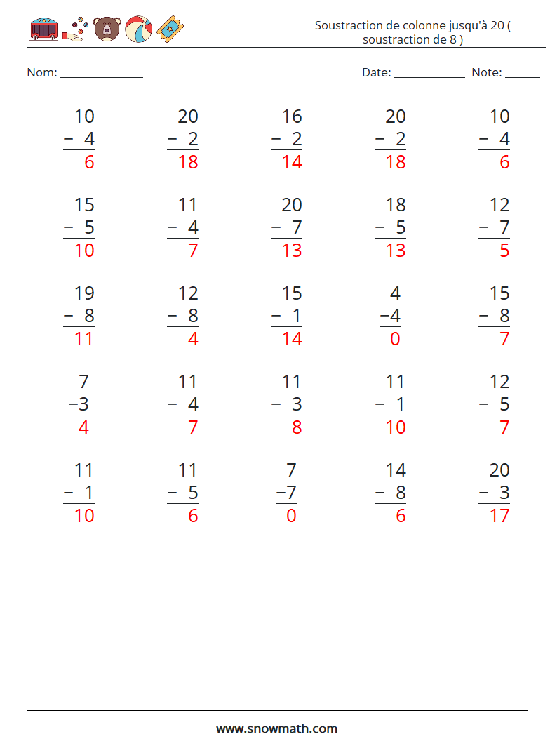 (25) Soustraction de colonne jusqu'à 20 ( soustraction de 8 ) Fiches d'Exercices de Mathématiques 8 Question, Réponse