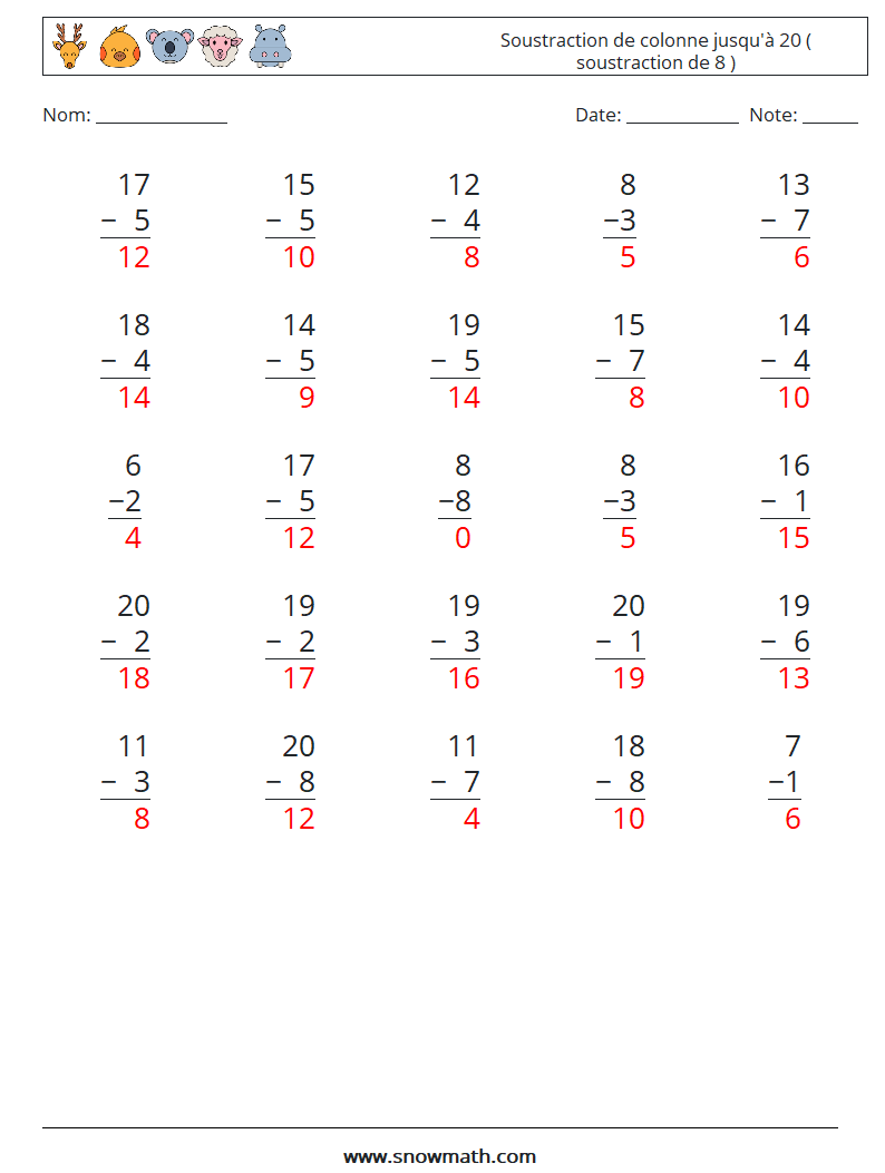 (25) Soustraction de colonne jusqu'à 20 ( soustraction de 8 ) Fiches d'Exercices de Mathématiques 9 Question, Réponse