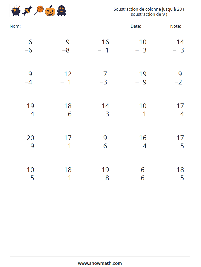 (25) Soustraction de colonne jusqu'à 20 ( soustraction de 9 ) Fiches d'Exercices de Mathématiques 1