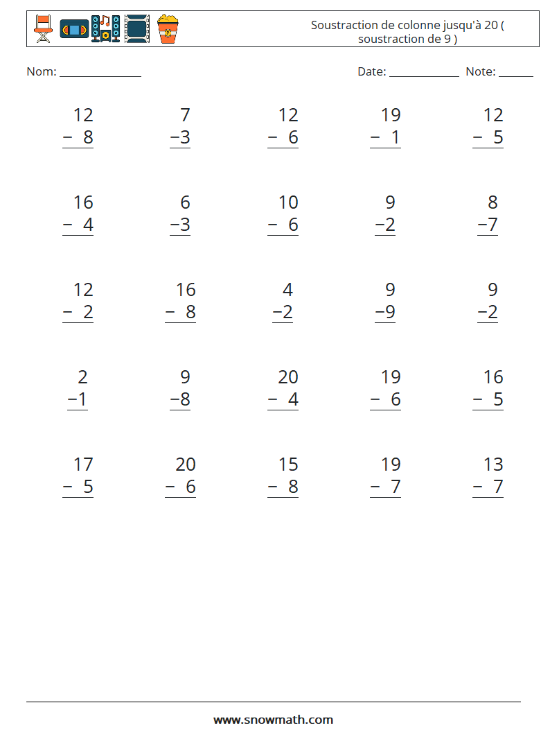 (25) Soustraction de colonne jusqu'à 20 ( soustraction de 9 ) Fiches d'Exercices de Mathématiques 10