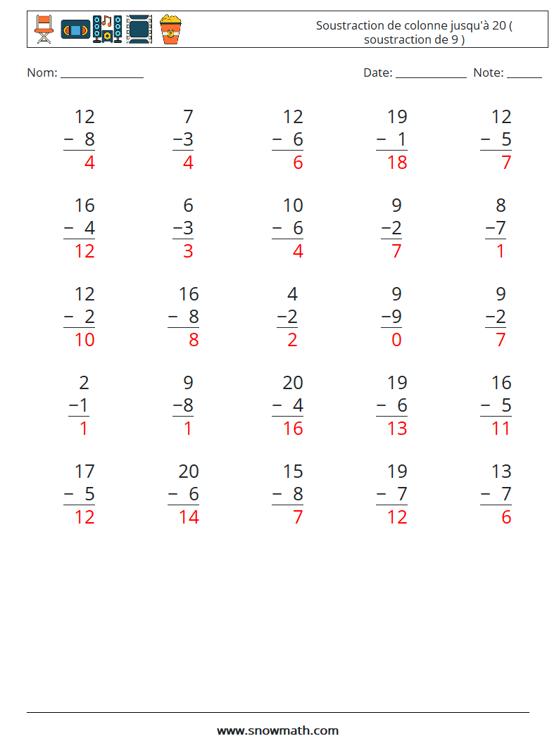 (25) Soustraction de colonne jusqu'à 20 ( soustraction de 9 ) Fiches d'Exercices de Mathématiques 10 Question, Réponse