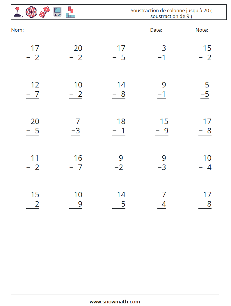 (25) Soustraction de colonne jusqu'à 20 ( soustraction de 9 ) Fiches d'Exercices de Mathématiques 11