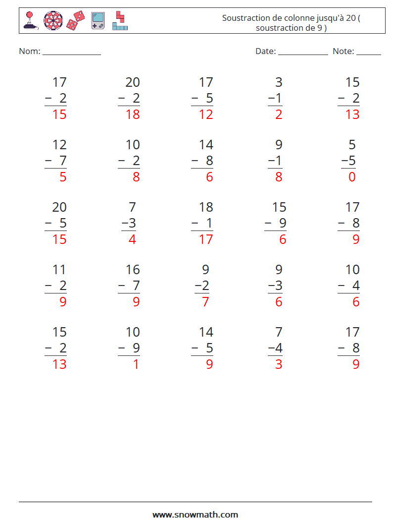 (25) Soustraction de colonne jusqu'à 20 ( soustraction de 9 ) Fiches d'Exercices de Mathématiques 11 Question, Réponse