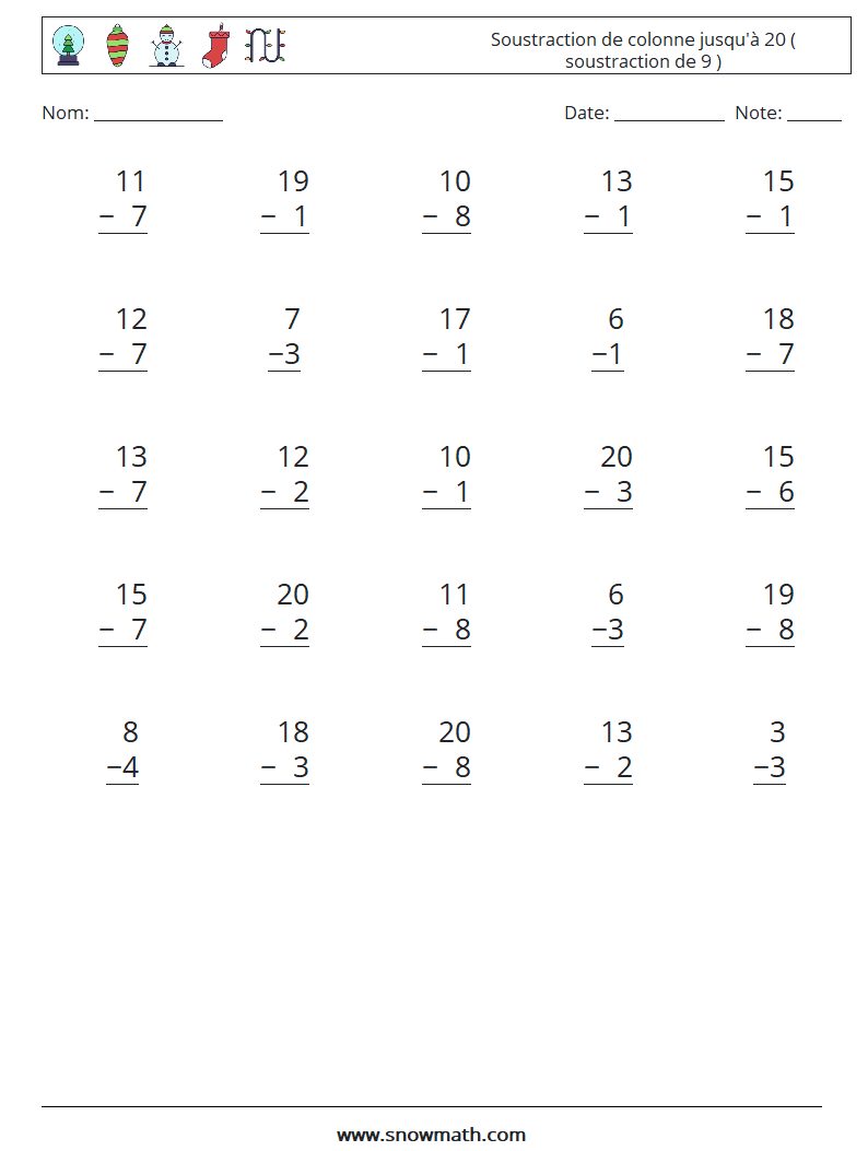 (25) Soustraction de colonne jusqu'à 20 ( soustraction de 9 ) Fiches d'Exercices de Mathématiques 12