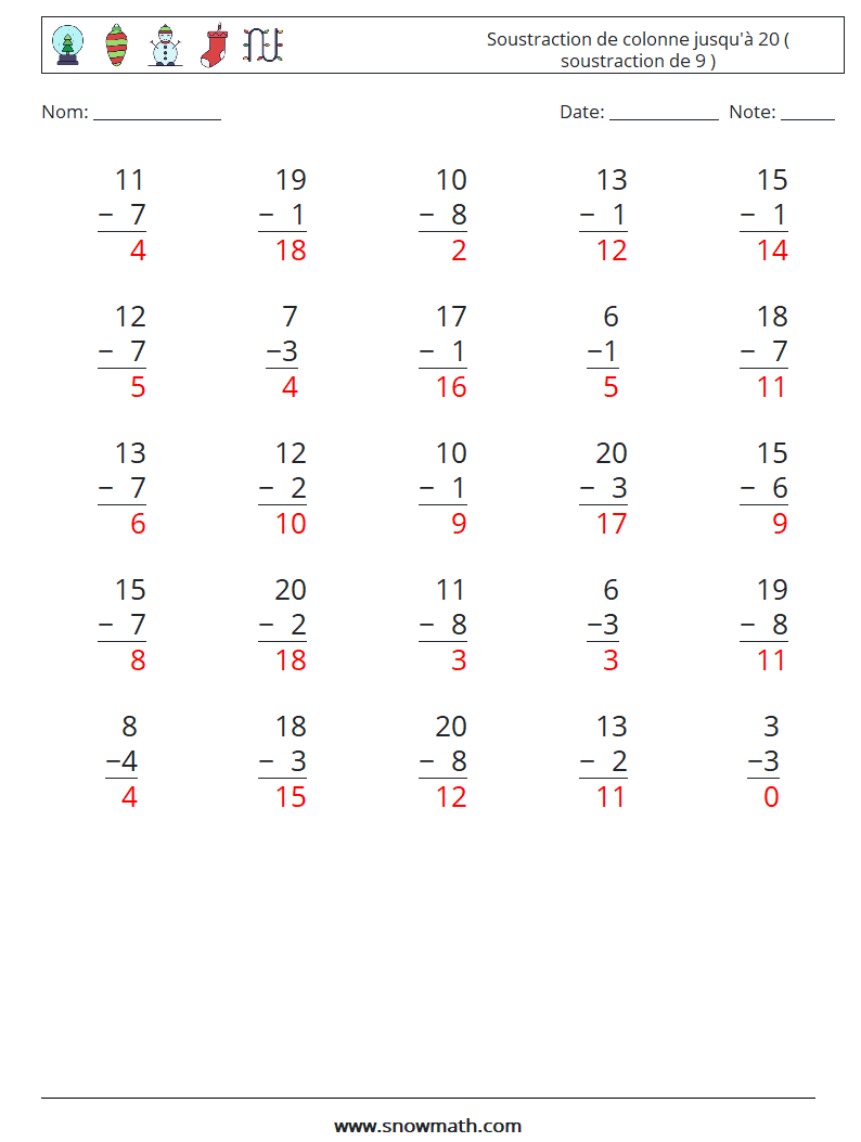 (25) Soustraction de colonne jusqu'à 20 ( soustraction de 9 ) Fiches d'Exercices de Mathématiques 12 Question, Réponse