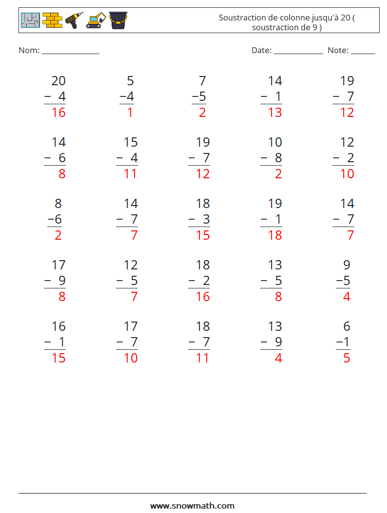 (25) Soustraction de colonne jusqu'à 20 ( soustraction de 9 ) Fiches d'Exercices de Mathématiques 13 Question, Réponse