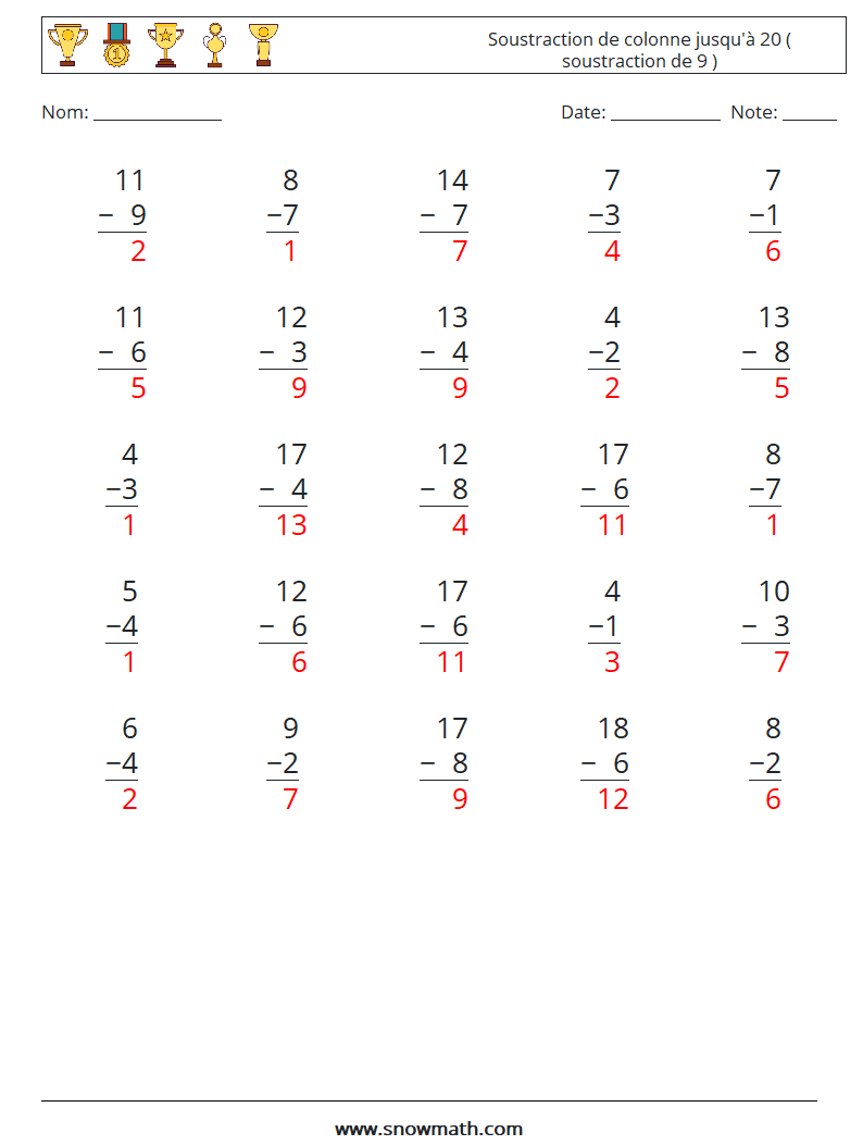 (25) Soustraction de colonne jusqu'à 20 ( soustraction de 9 ) Fiches d'Exercices de Mathématiques 14 Question, Réponse