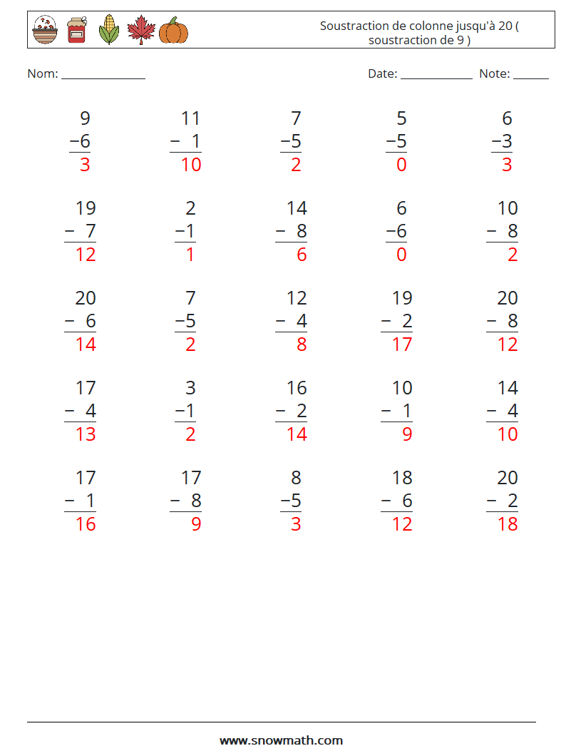 (25) Soustraction de colonne jusqu'à 20 ( soustraction de 9 ) Fiches d'Exercices de Mathématiques 15 Question, Réponse