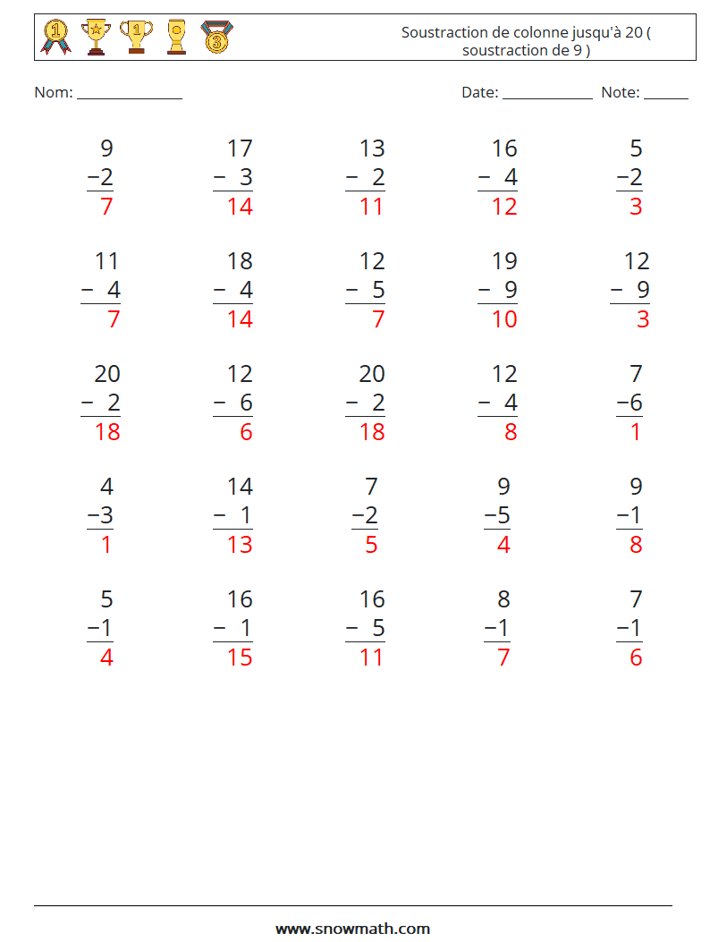 (25) Soustraction de colonne jusqu'à 20 ( soustraction de 9 ) Fiches d'Exercices de Mathématiques 17 Question, Réponse