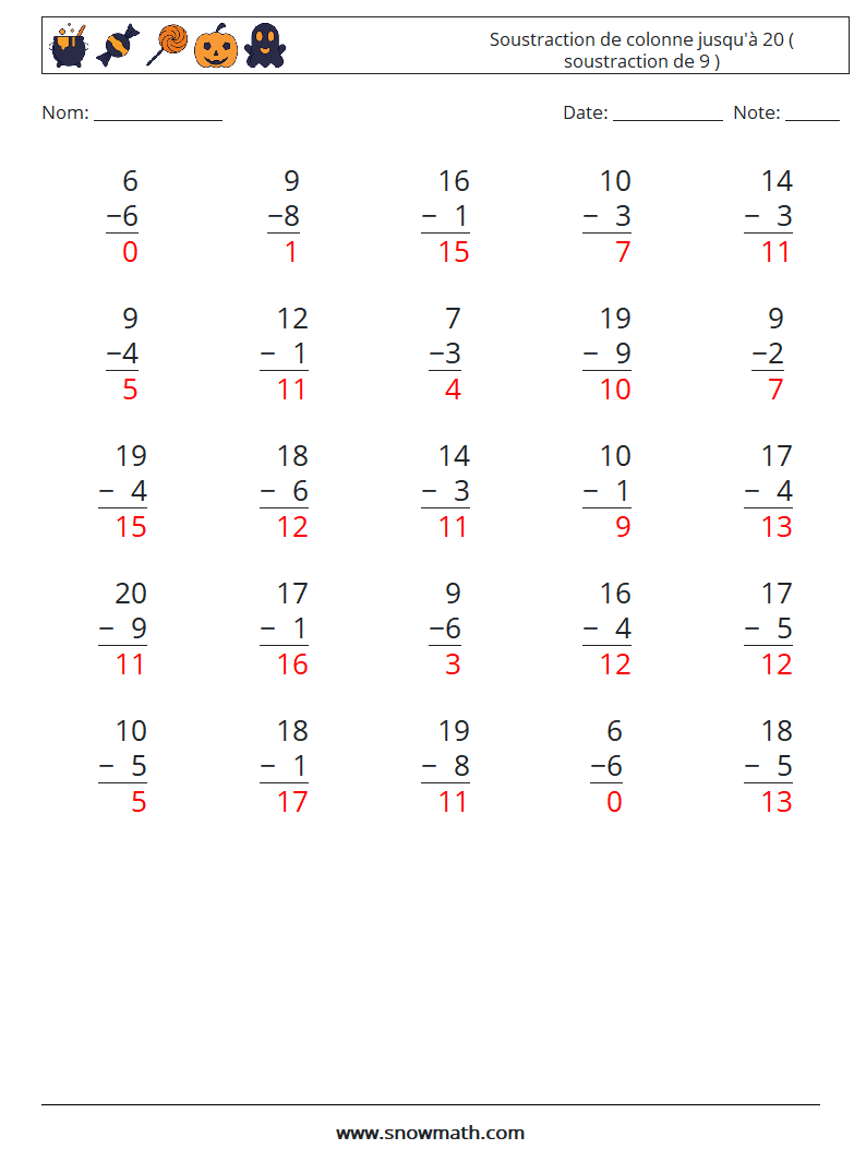 (25) Soustraction de colonne jusqu'à 20 ( soustraction de 9 ) Fiches d'Exercices de Mathématiques 1 Question, Réponse