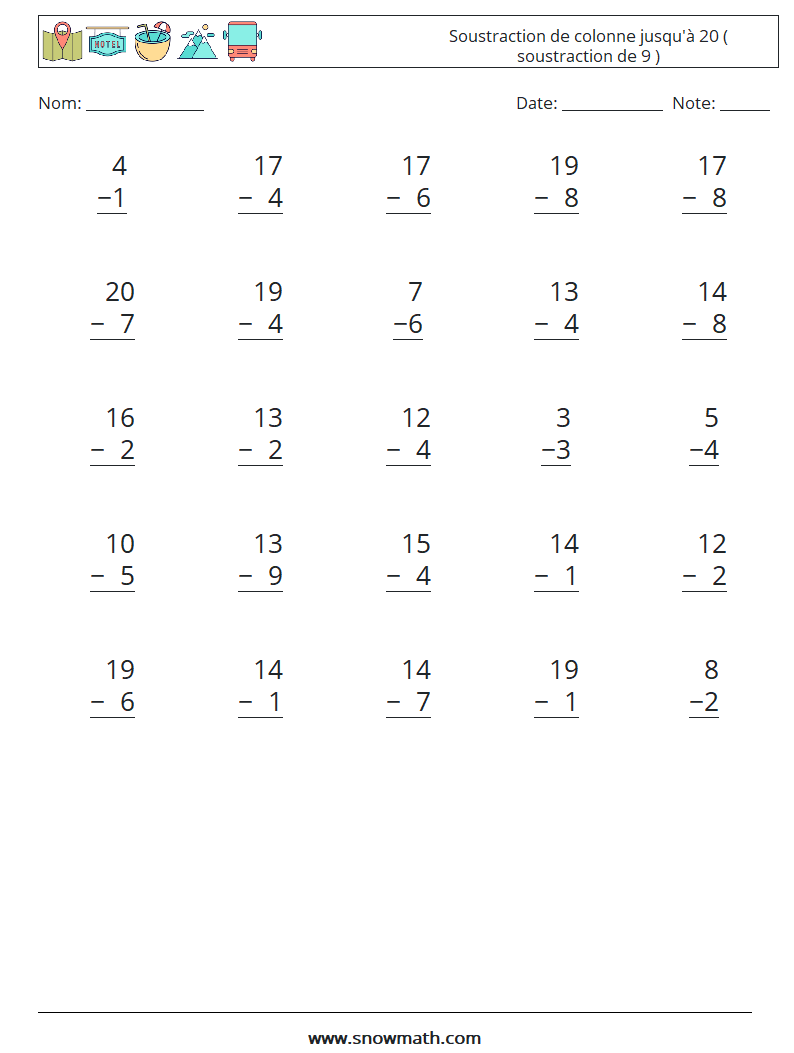 (25) Soustraction de colonne jusqu'à 20 ( soustraction de 9 ) Fiches d'Exercices de Mathématiques 2