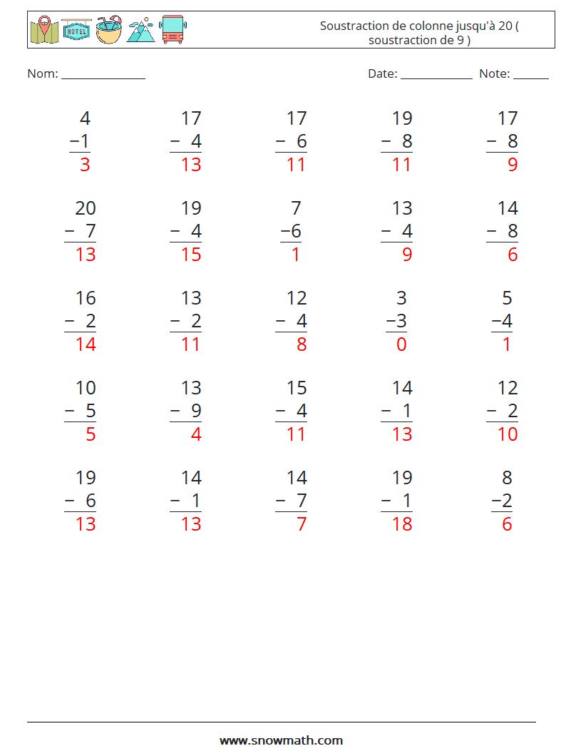 (25) Soustraction de colonne jusqu'à 20 ( soustraction de 9 ) Fiches d'Exercices de Mathématiques 2 Question, Réponse