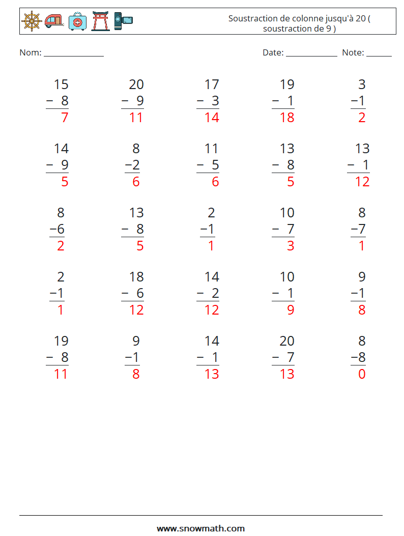 (25) Soustraction de colonne jusqu'à 20 ( soustraction de 9 ) Fiches d'Exercices de Mathématiques 3 Question, Réponse