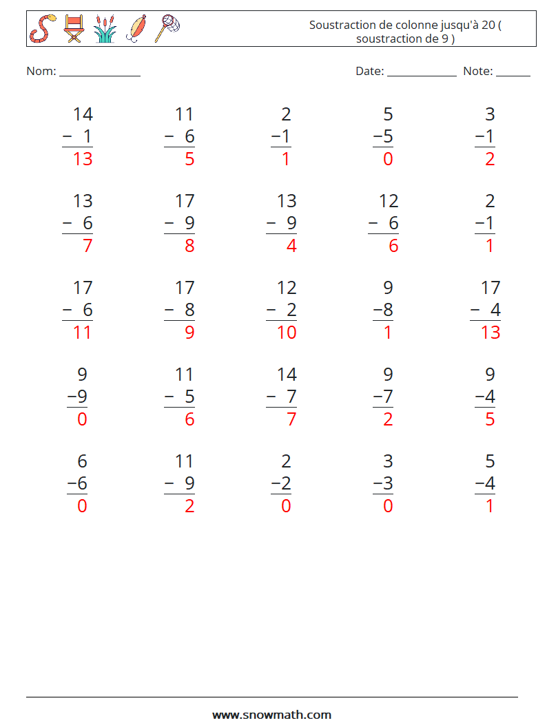 (25) Soustraction de colonne jusqu'à 20 ( soustraction de 9 ) Fiches d'Exercices de Mathématiques 4 Question, Réponse