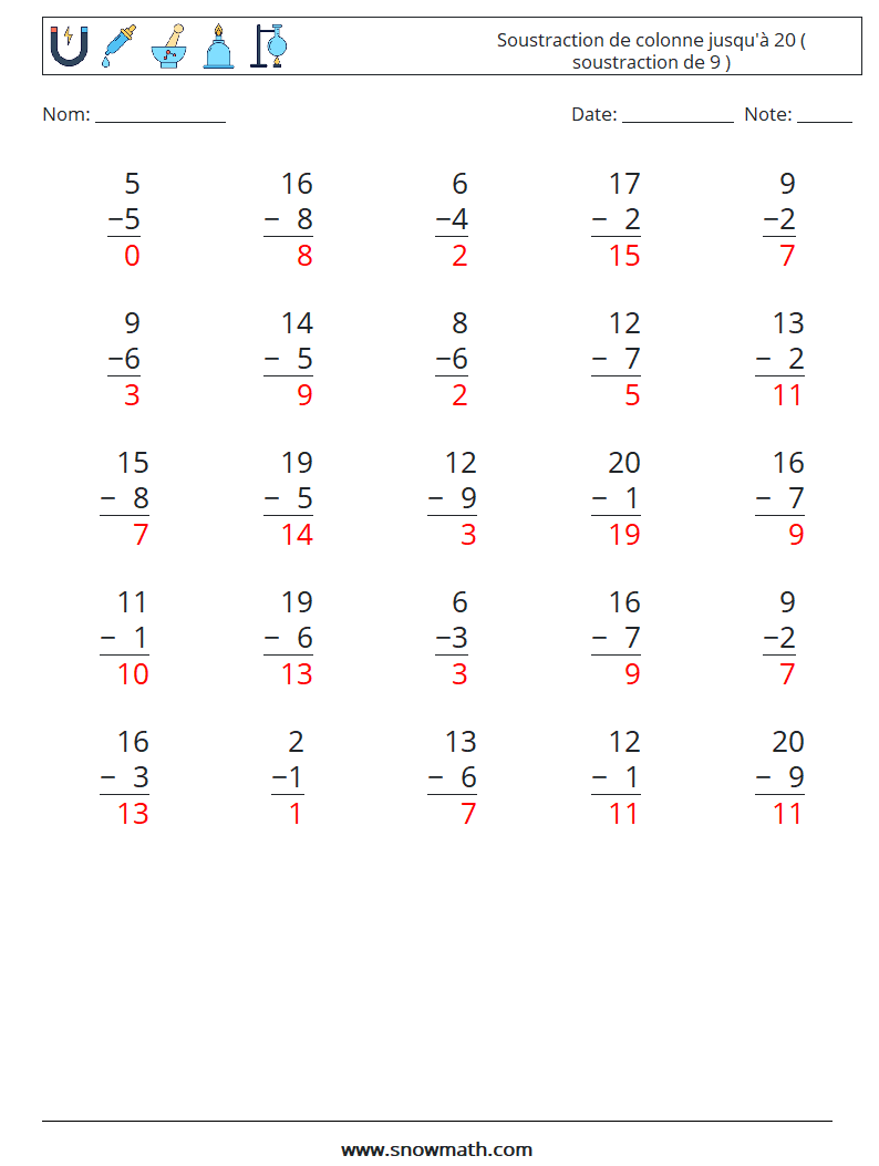 (25) Soustraction de colonne jusqu'à 20 ( soustraction de 9 ) Fiches d'Exercices de Mathématiques 5 Question, Réponse