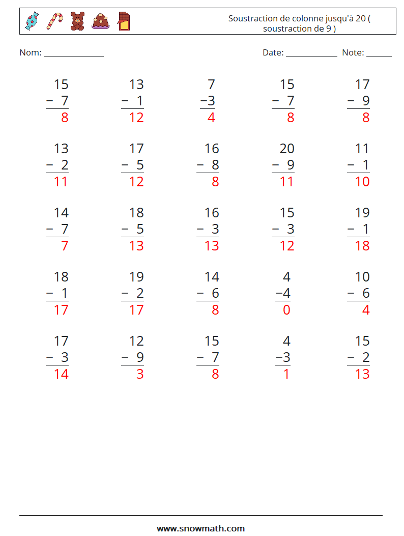 (25) Soustraction de colonne jusqu'à 20 ( soustraction de 9 ) Fiches d'Exercices de Mathématiques 6 Question, Réponse