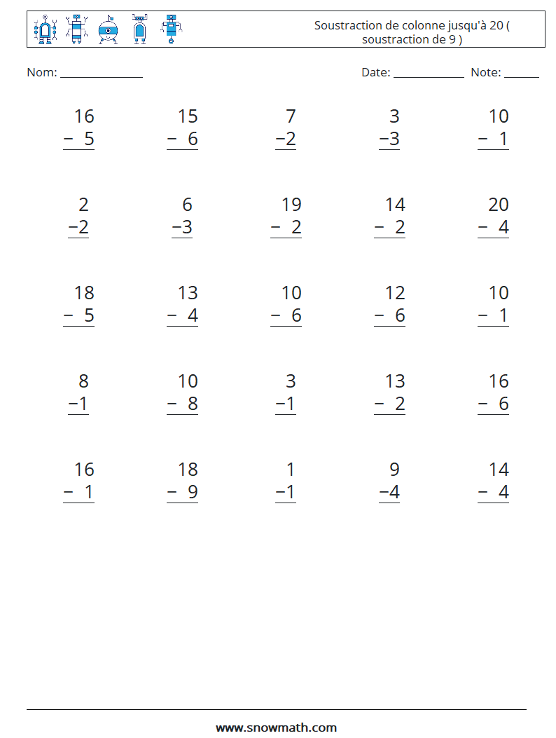 (25) Soustraction de colonne jusqu'à 20 ( soustraction de 9 ) Fiches d'Exercices de Mathématiques 7