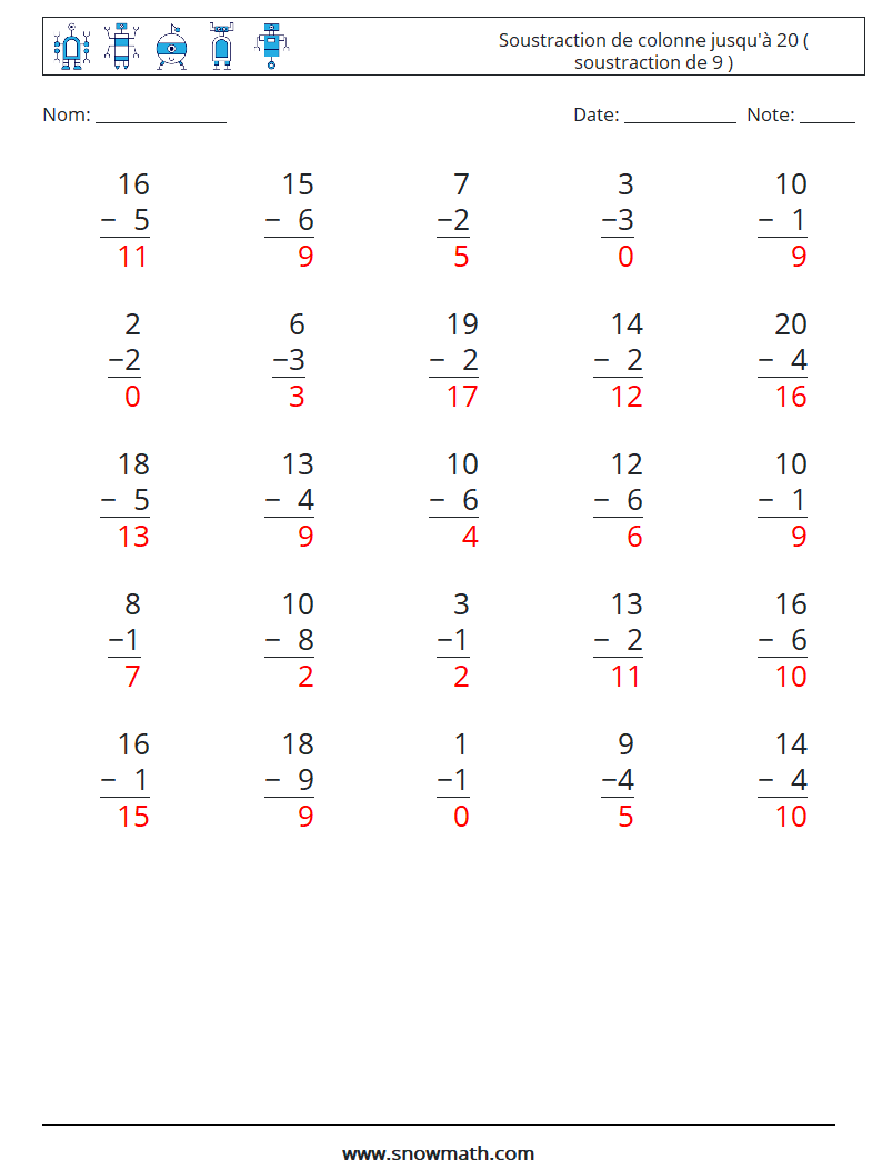 (25) Soustraction de colonne jusqu'à 20 ( soustraction de 9 ) Fiches d'Exercices de Mathématiques 7 Question, Réponse