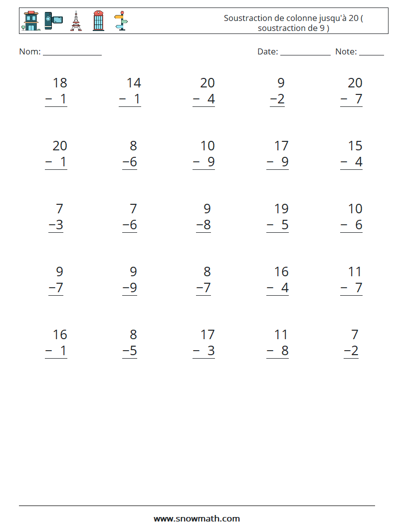 (25) Soustraction de colonne jusqu'à 20 ( soustraction de 9 ) Fiches d'Exercices de Mathématiques 8